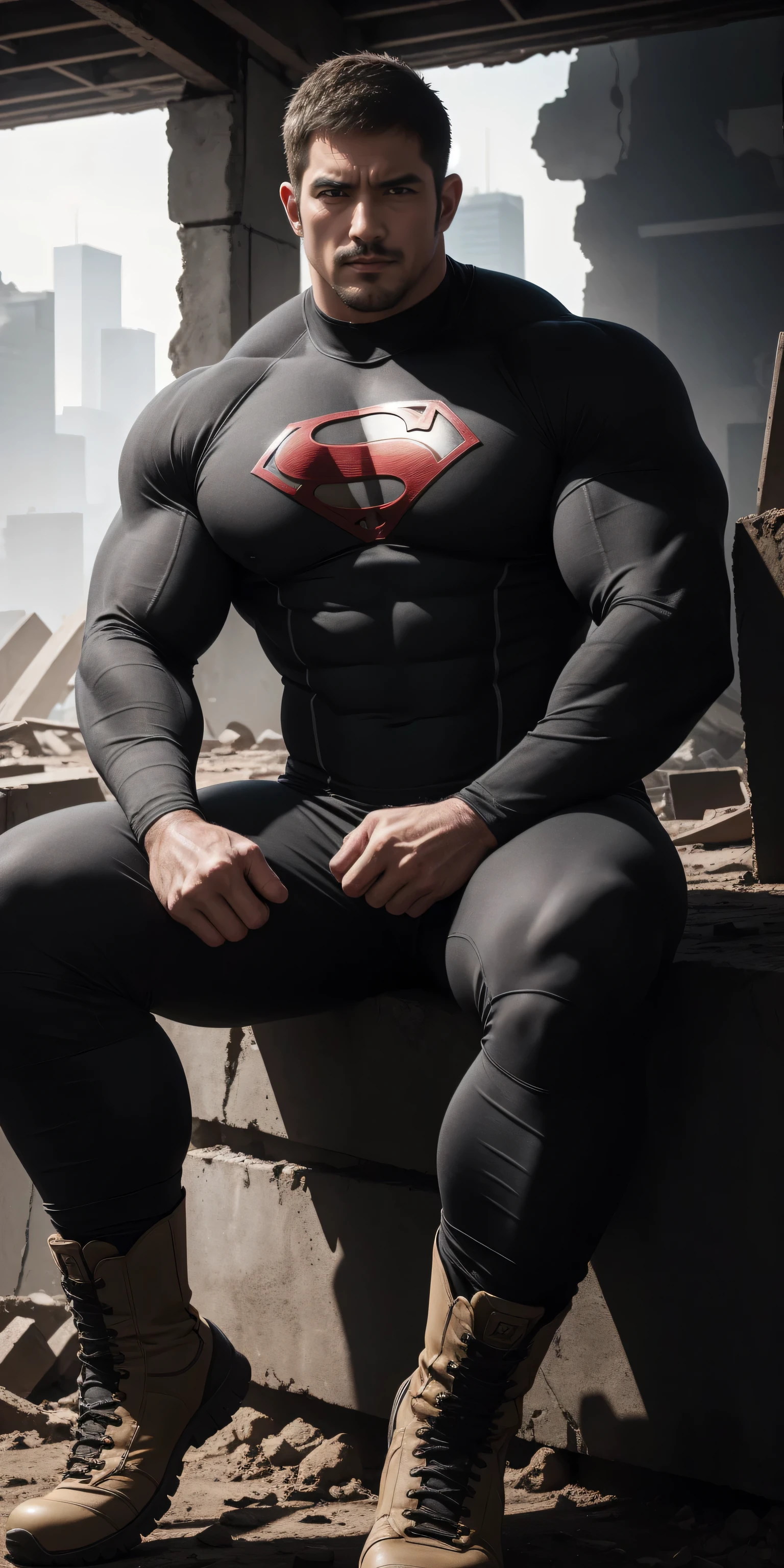 A boy of 1,82 meters, long legs and torso, His body is slender and muscular, although not too, He has combat boots and charcoal pants, both black, a sleeveless compression shirt with a collar, with Superman's S on his chest, it is white, a white mask with black eyes