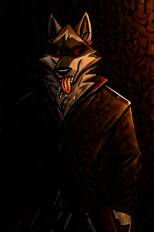 ((monster: terrifying, large, fat, with fox tails, claws, glowing red eyes, savage tooth saliva)), ((camera panning towards him)), ((camera: in closet, clothes, looking through blindss holes at monster as he looking for it) the night, much terrifying, terror, panic