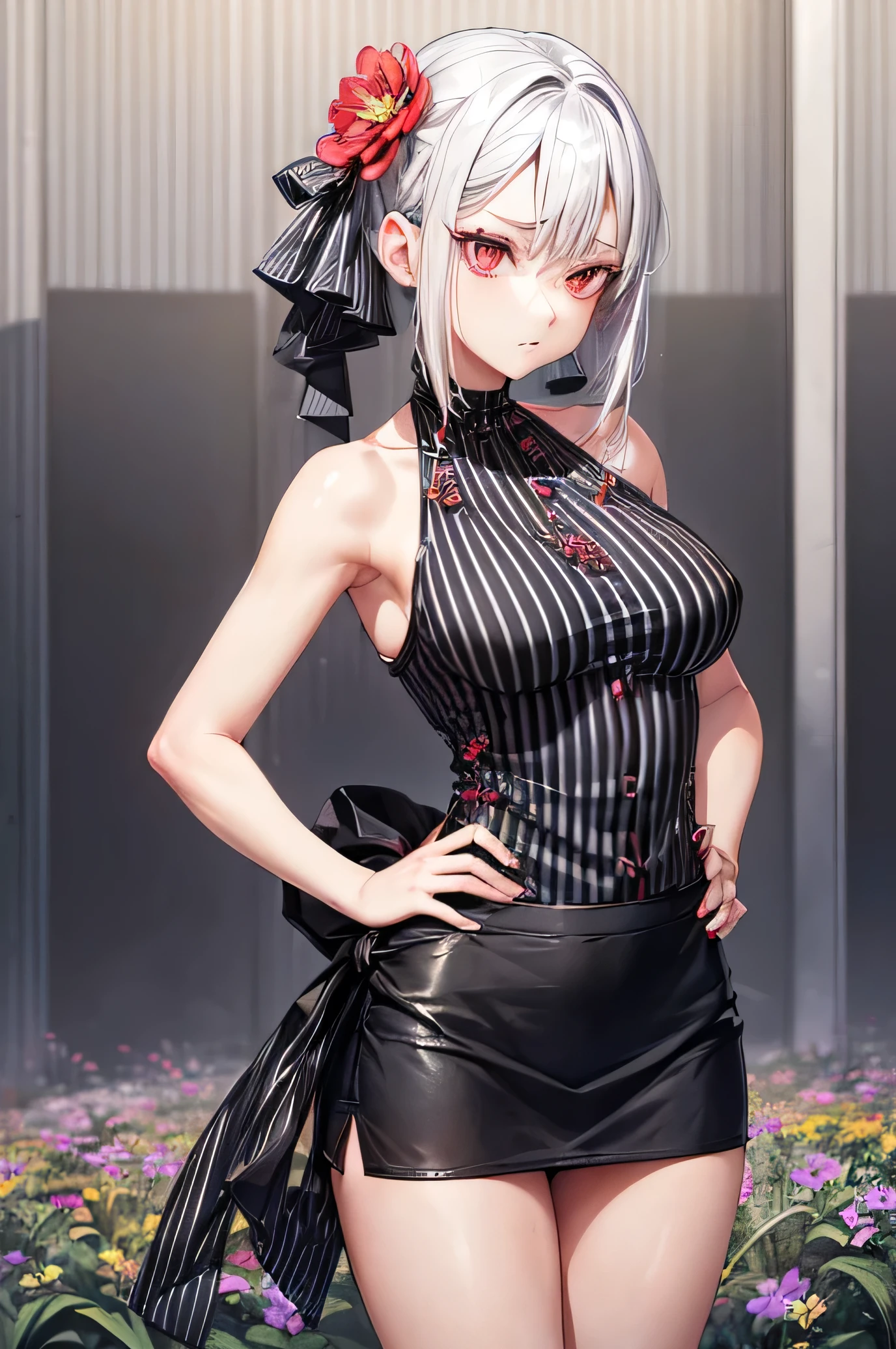 Girl with silver hair, red eyes, medium breasts, sexy body, wearing casual clothes,((black mini skirt with striped pattern),((closed clothes, covering part of the neck, but bare shoulders)),((black with striped pattern lines)),,(()),((Bending position, with hands behind your back)),((Details)),((Flower field background))