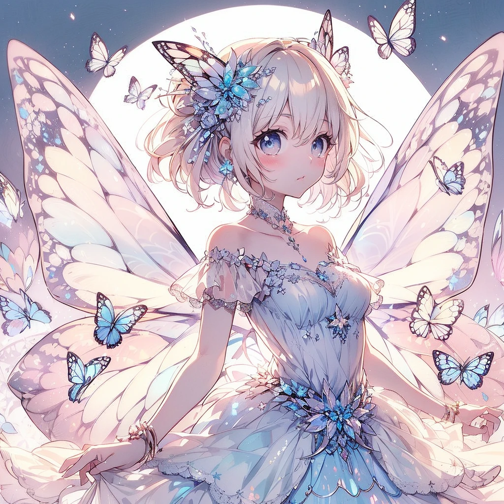 (Exquisite, beautiful, Very detailed, masterpiece, High resolution,high quality,High resolution),(Well-formed face,Soft and thin lines: 1.2, beautiful, 大人っぽくて透明感のあるdelicateで鮮やかなイラスト), In the middle of the night under the glittering crescent moon, Transparent fairy princess, delicate, beautiful face and butterfly-like wings is flying happily through the moonlit sky., Meteor and stars shining in the moonlight々The vivid starry sky,From a short distance,tiara, Star Earrings, Star Necklace,bracelet,ring,), ((A gorgeous ball gown dress with lots of frills and a moon motif..:1.1, Balloon sleeves, gem, ribbon, Lace and frills, Butterfly-like fairy wings growing from her back:1.5)), (Adorable,A shy smile,Pale pink blush, Plump pink lips,Beautiful and clear eyes,Large bust, Fair skin, Good style),Starry sky texture,Vibrant pastel colors,A cute, dreamy fantasy world,whole body,Colored pencil art