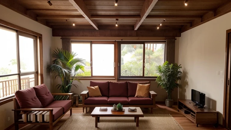 Ambiente integrado entre salas e cozinha de um apartamento possuindo 2,40 ceilings and 24m². The floor is covered in vinyl imitating cedar wood.. The layout is fluid, allowing good circulation. The sofa is a 3-seater tatami style sofa with ivory twill fabric upholstery.. The cushions and blanket are in linen and raw cotton fabric in burgundy red, verde esmeralda e turquesa. Beyond the sofa, there are 3 more rectilinear wooden seats with straw details. In the center of the living area there is a low rectangular coffee table in sucupira wood on a bamboo tatami mat.. The television rack is a design piece of furniture in sucupira wood with geometric details in red colors., azul e verde em tons escuros, onde ficam expostos aparelhos de controle residencial. Leaning against the wall are wooden paintings with Japanese art and a shoji floor lamp.. There is an open shelf for manga display. The dining area has a 6-seater rectangular wooden table with hollow legs and chairs with geometric backs.. Sobre a mesa, there is a rectangular pendant lamp in wood and shoji paper.
There are exposed wooden beams on the ceiling..
There is plenty of natural light coming from a large window, and the artificial lighting is warm and diffused and there are potted plants in the room.