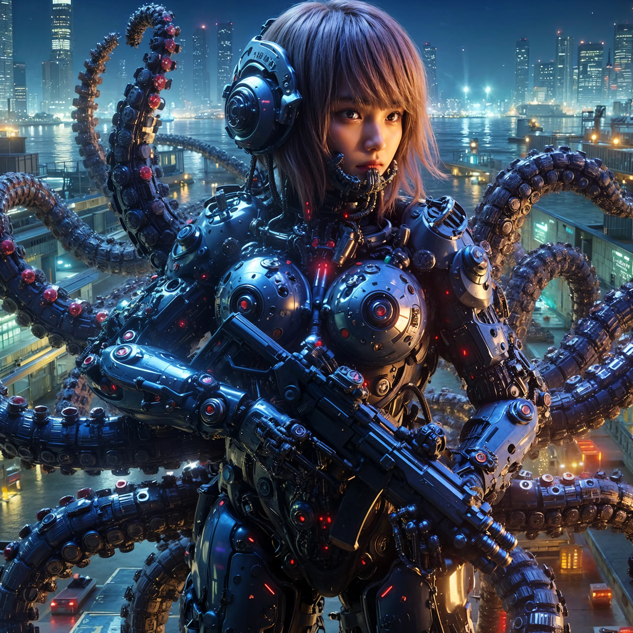 (extremely intricate all details)、(extremely realistic all Texture) 、glossy Texture、Navy blue heavy mechanical armor resembling a pillbug, designed by Hajime Katoki、1 person、Beautiful female soldier、Multi-legged、Heavyweight、Heavy Armor、Firearms、Ultra-realistic、Full Body Shot、Night view of the bayside industrial area、Spotlight lighting to illuminate characters、Please generate at least 4 copies.