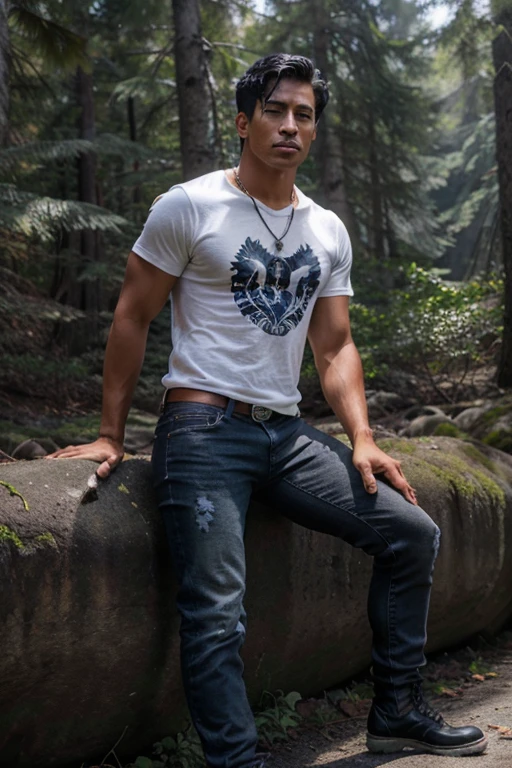 Keahu Kahuanui, Danny Māhealani, Teen Wolf, 18 years old, short messy black hair, brown eyes, white skin, dark blue jean t-shirt, black jean pants, black combat boots. silver pendant, white wolf print. Forest background with fog aura around black color.