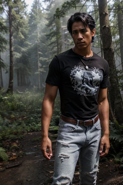 Keahu Kahuanui, Danny Māhealani, Wolf, 18 years old, short messy black hair, brown eyes, white skin, dark blue jean t-shirt, black jean pants, black combat boots. silver pendant, white wolf print. Forest background with fog aura around black color.