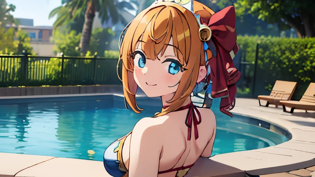 ((masterpiece)), ((best quality)), (ultra-detailed), anime style, pool, a cute girl, 1girl, solo, ((beautiful eyes)), smile, bikini00,