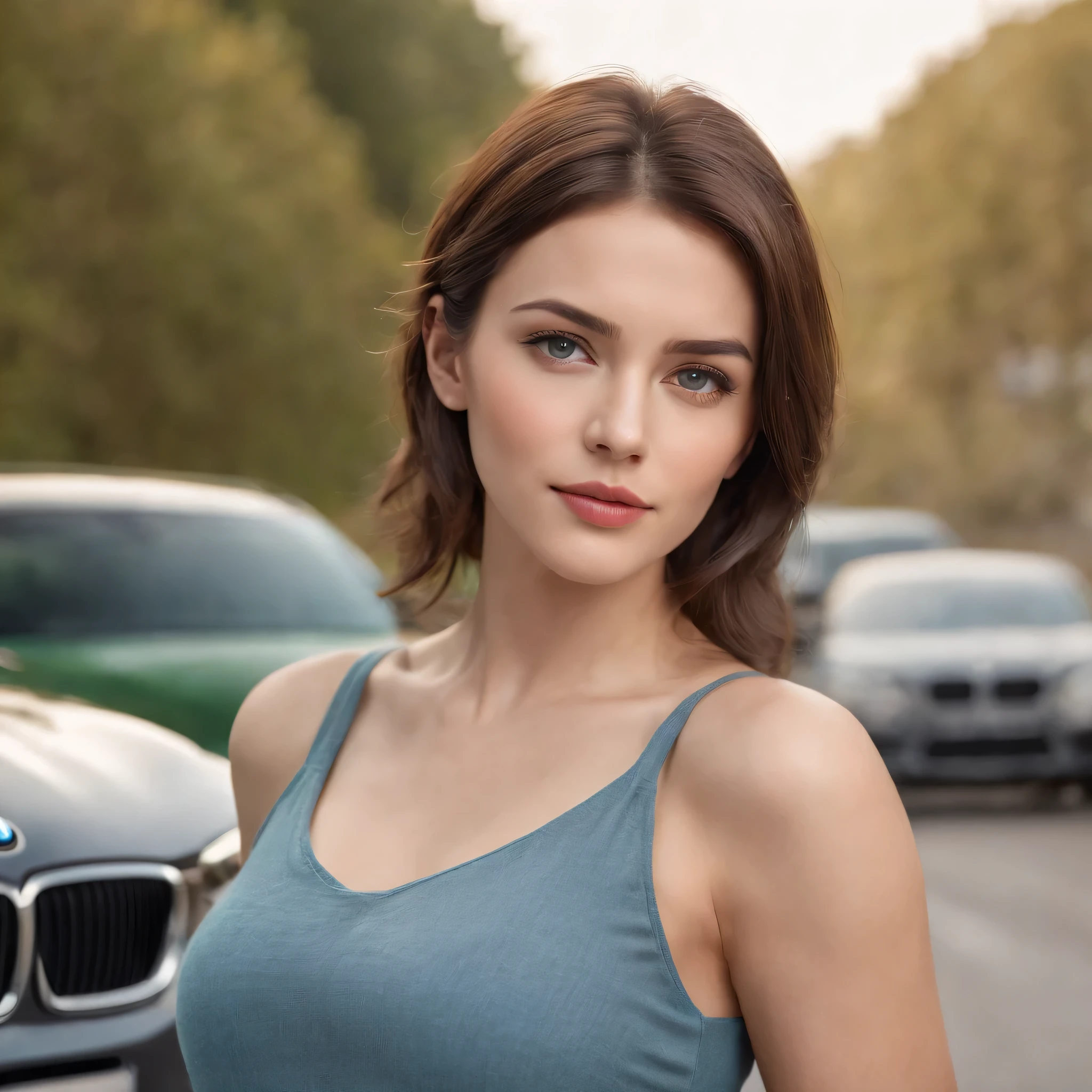 sharp focus, cinematic lighting, Ultra realistic, hyper realistic, full body portrait, solo portrait of a 30 years old young beautiful woman, black and brown short hair, blue and green mix colored eyes, hourglass shape body, woman is wearing blue sweater and shorts, big breast, flower tattoo on her left arm , clear face, clear legs, clear hands, standing in front of the BMW car, on the road, realistic photo of beautiful woman, hazel eyes, necklace,