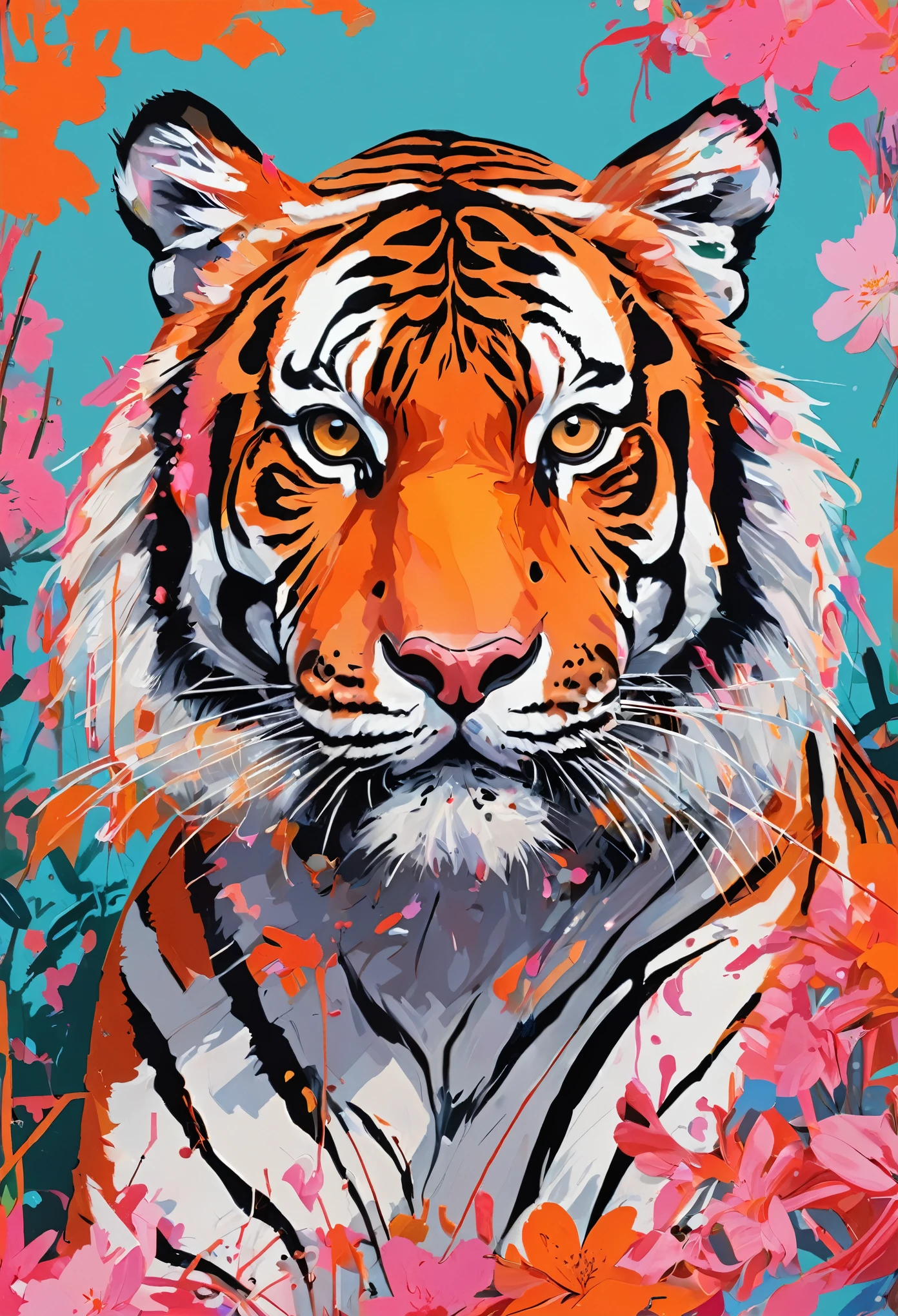 Graffiti, scribble, Comics by Petra Cortright, best quality, masterpiece, Tiger artwork, Representative work, official art, Professional, Ultra intricate detailed, 8k, Tiger art, colourful background
