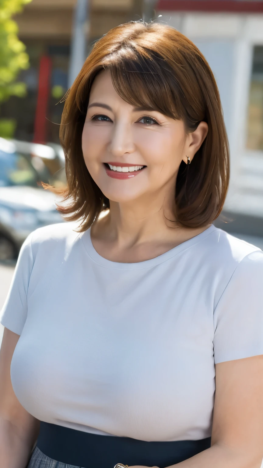 , highest quality, , Super detailed, In detail, High resolution, 8k wallpaper, Perfect dynamic composition, 1 beautiful plump mature woman, , Wearing a short-sleeved knit, Long skirt, short hair, Large Breasts, Natural color lip, Random Pause,Toothy smile, , A voluptuous 60-year-old mature woman, Stylish cafe, Background Blur