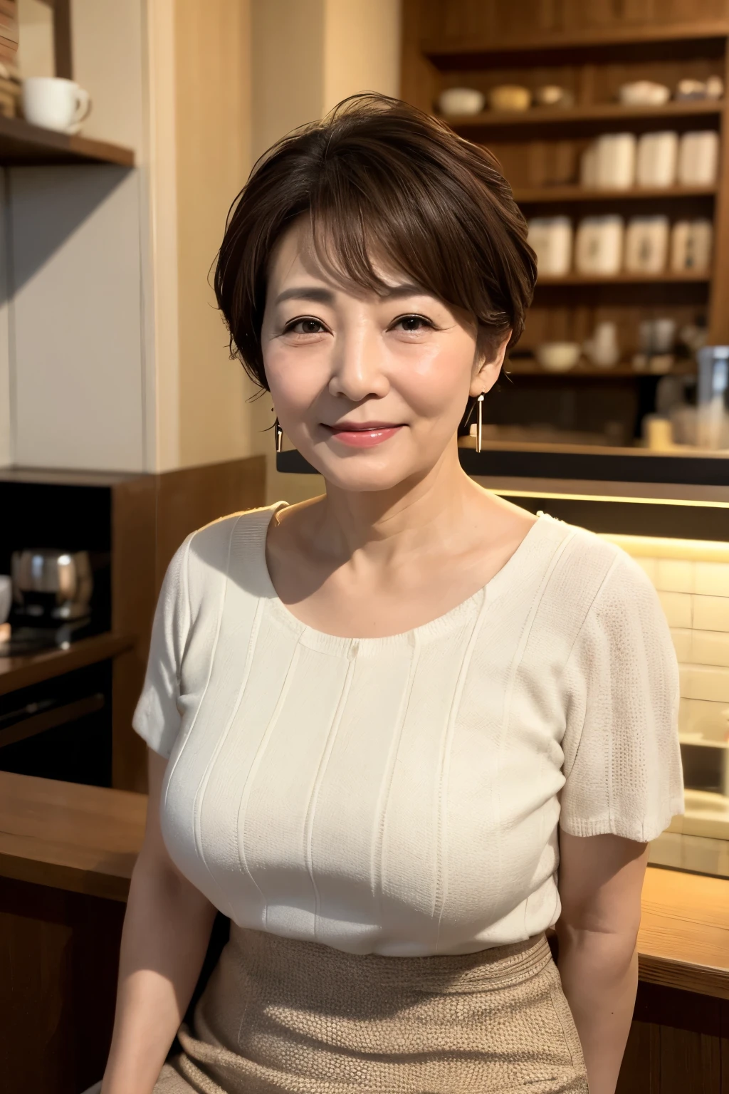 Osaka's aunt、Organic Photography、highest quality、masterpiece、Ultra-high resolution、Beautiful Japanese old lady、60 years old、Looking at the audience、Elegant face、Toothy smile、Big Breasts、Wearing a plain short-sleeved knit、Shortcut hair、mini skirt、Earrings、A corner of a coffee shop, Background Blur