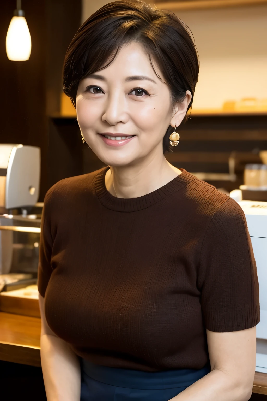 Osaka's aunt、Organic Photography、highest quality、masterpiece、Ultra-high resolution、Beautiful Japanese old lady、60 years old、Looking at the audience、Elegant face、Toothy smile、Big Breasts、Wearing a plain short-sleeved knit、Shortcut hair、mini skirt、Earrings、A corner of a coffee shop, Background Blur