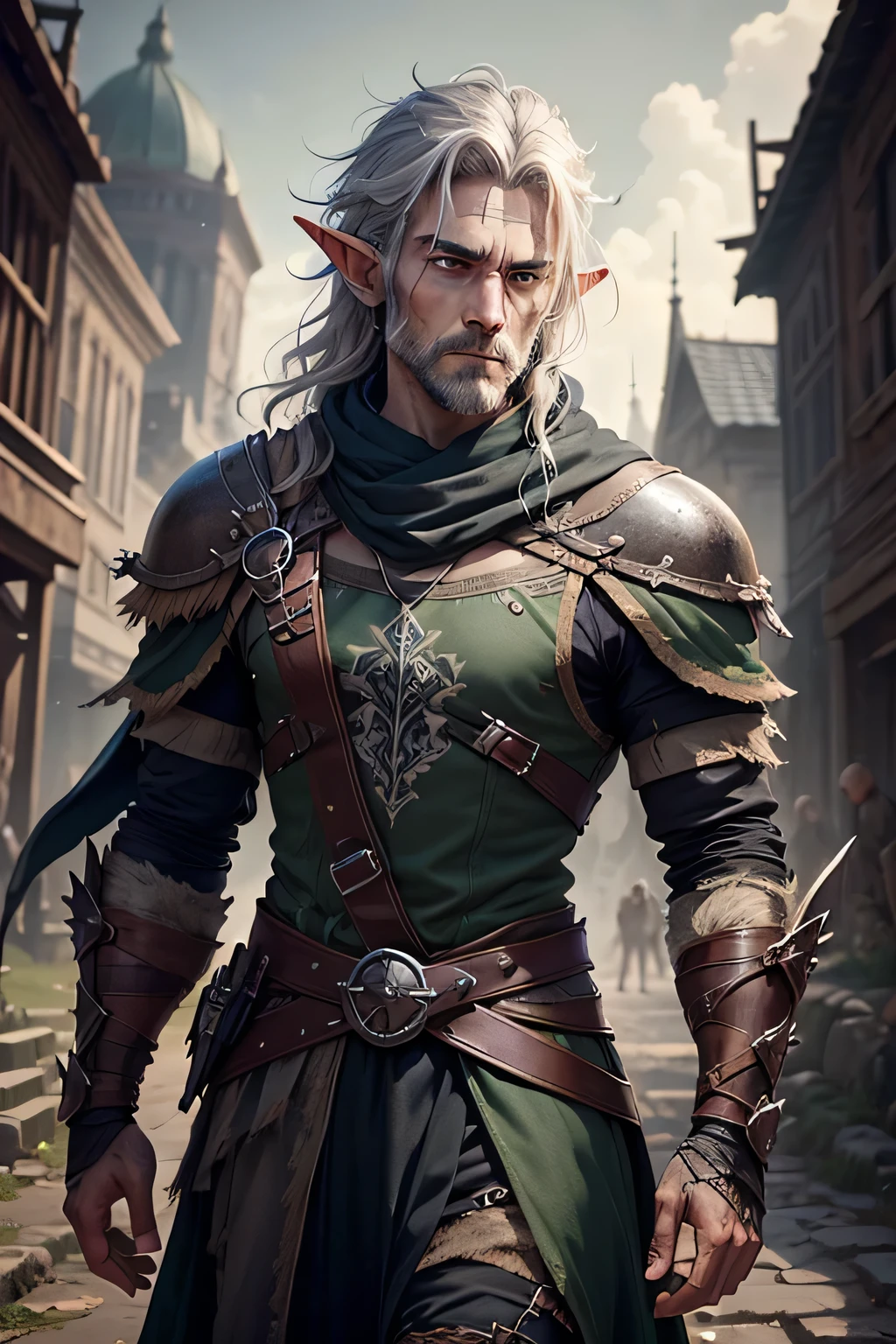 A medieval elf protagonist with rugged charm and piercing eyes that reflect determination, carries an air of quiet strength. His dark, disheveled hair frames a face marked by trials. Dressed in worn but meticulously preserved attire, he exudes resilience and determination, embodying the spirit of someone who has weathered the storms and emerged stronger.
With determined eyes, you can see your entire body