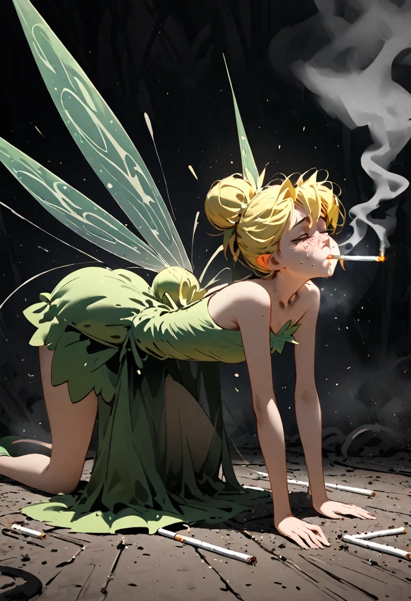 tinkerbell bending over, pain, agony, rapidly smoking cigarettes, sucking very hard on cigarette, the cigarette ash is growing very long, the cigarette ash is very long, nose exhale, deep drag, lots of cigarette ash, short green dress, yellow hair, bun,