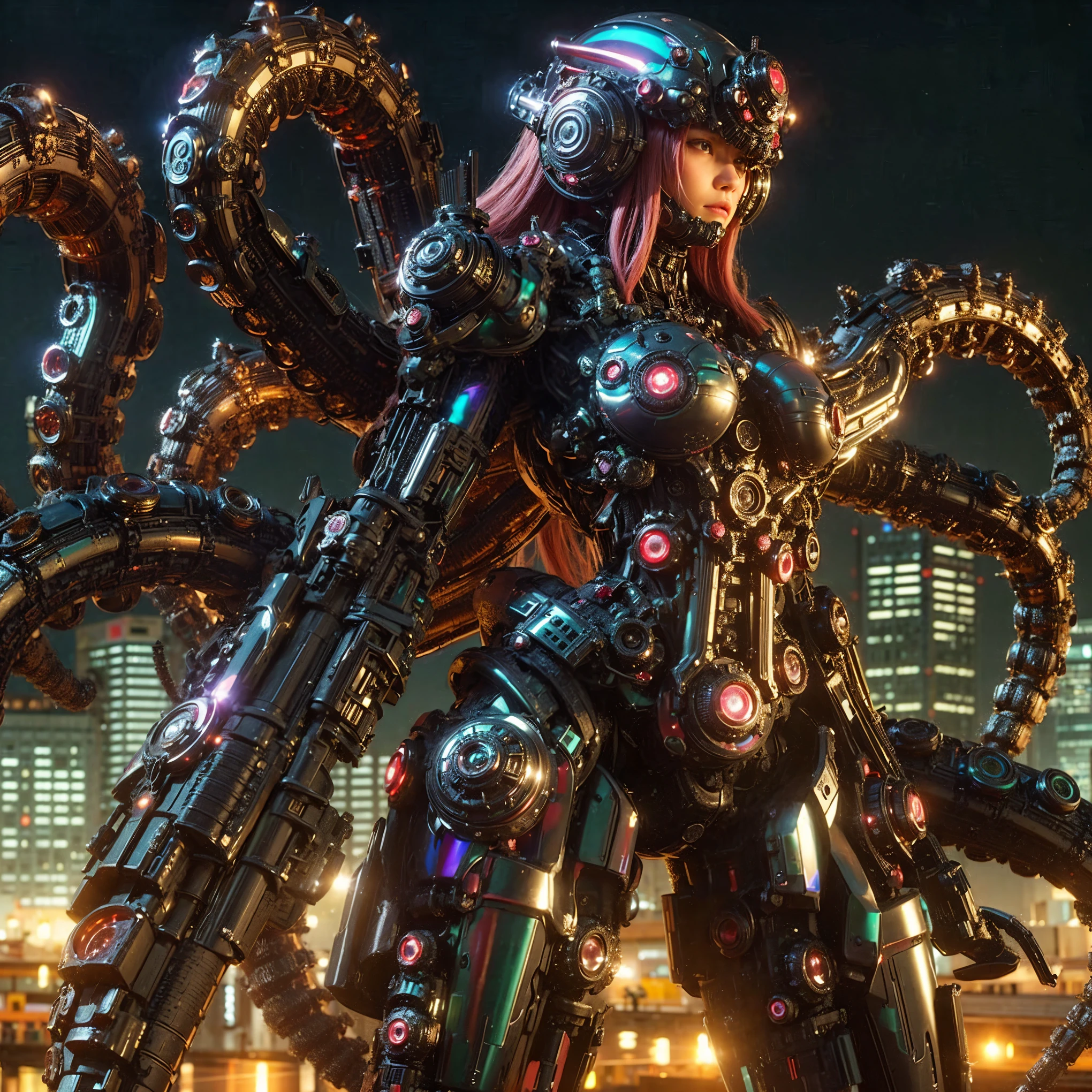 (extremely intricate all details)、(extremely realistic all Texture) 、glossy Texture、Navy blue heavy mechanical armor resembling a pillbug, designed by Hajime Katoki、1 person、Beautiful female soldier、Multi-legged、Heavyweight、Heavy Armor、Firearms、Ultra-realistic、Full Body Shot、Night view of the bayside industrial area、Spotlight lighting to illuminate characters、Please generate at least 4 copies.