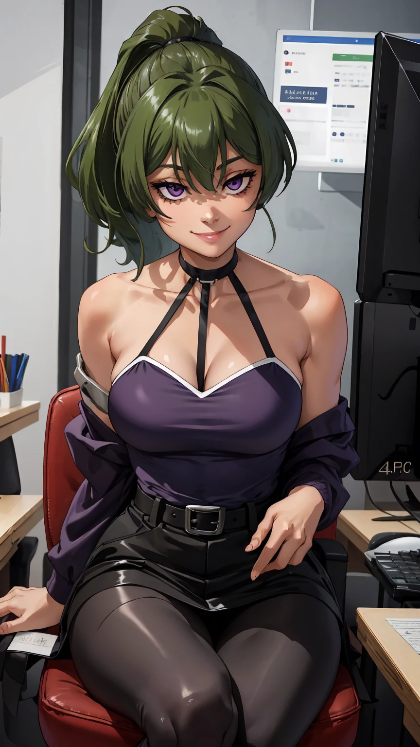 Bad, (Best quality:1.3), (4K quality), ((detailed face)),((smile)), ((skinny body)), Green hairs, (beautiful breasts), ponytail haircuts on the side of her head, cleavage, sexy, (((ecchi)) ), Skinny girl, skinny muscular woman, skinny body, perfect body, sexy skinny body, purple eyes, sexy slang, office, office lady, office clothing, office pantyhose, sitting on a chair, legs open, nsfw