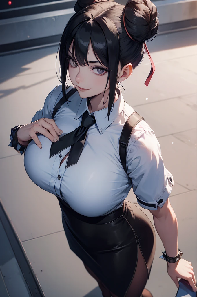 juri han, work of art, tight white secretary shirt with black tie, black high waist skirt, short skirt, black hair, black tights,evil smile,office,franja nos olhos,lighting,chifre de cabelos,view from above,olhando para cima