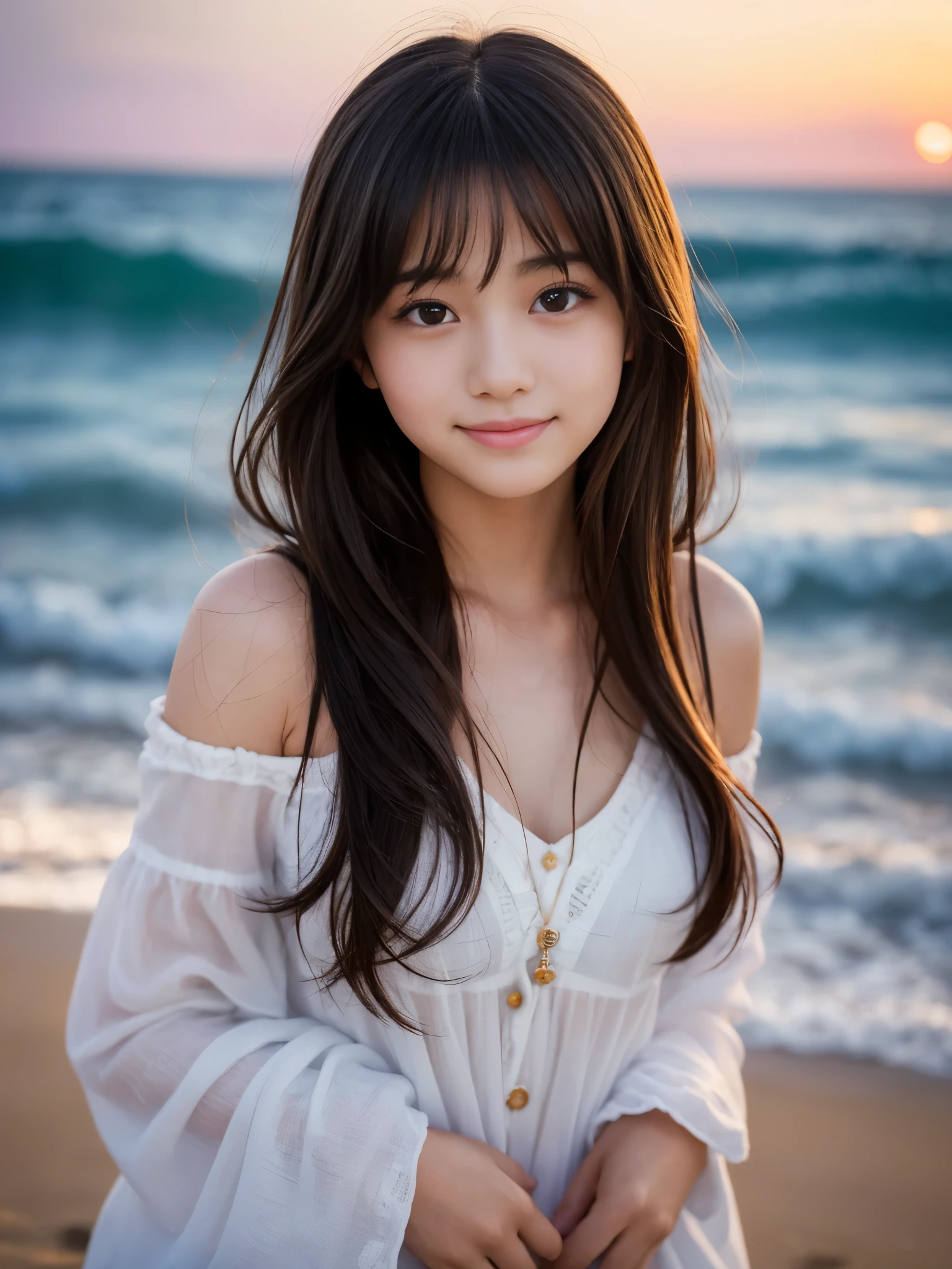 (Best-quality, Masterpiece, Ultra-High-Resolution, (Photorealistic:1.4), Raw Photo, depth of field, professional lighting, perfect anatomy, extremely details), (midnight, summer, at beach), 1girl, 15-years-old, the most famous Japanese idol, portrait, extremely cute face like the most famous Japanese idol, extremely cute and extremely big eyes, extremely beautiful hair, extremely beautiful skins, extremely cute long-eyelashes, extremely cute lips, innocent smile, looking away