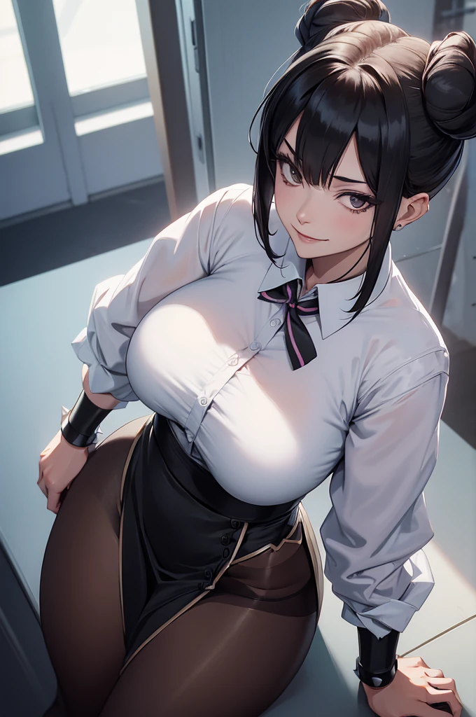 juri han, work of art, tight white secretary shirt with black tie, black high waist skirt, short skirt, black hair, black tights,evil smile,office,franja nos olhos,lighting,chifre de cabelos,view from above,olhando para cima
