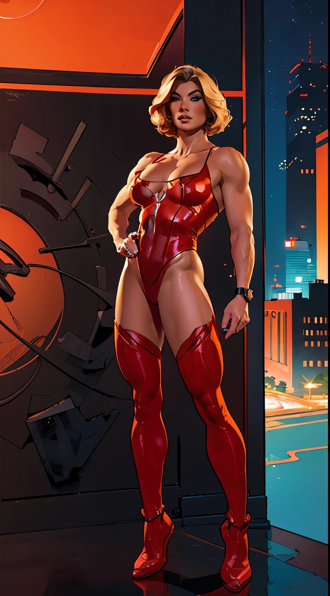 Vladislava Galagan wearing a sexy red swinsuit with orange lace, cleavage, futuristic cyberpunk, (((full body))) in comic panel, full body, bold lineart illustration comics, short blonde hair, seductive blue eyes, parted lips , Perfect body, curvy, big boobs, big booty, Fitness, nsfw, Adam Hughes style, (((masterpiece))), (((adult))) Explore the retro-futuristic aesthetic, highlighting your confidence and skill. In the top of building. big city night