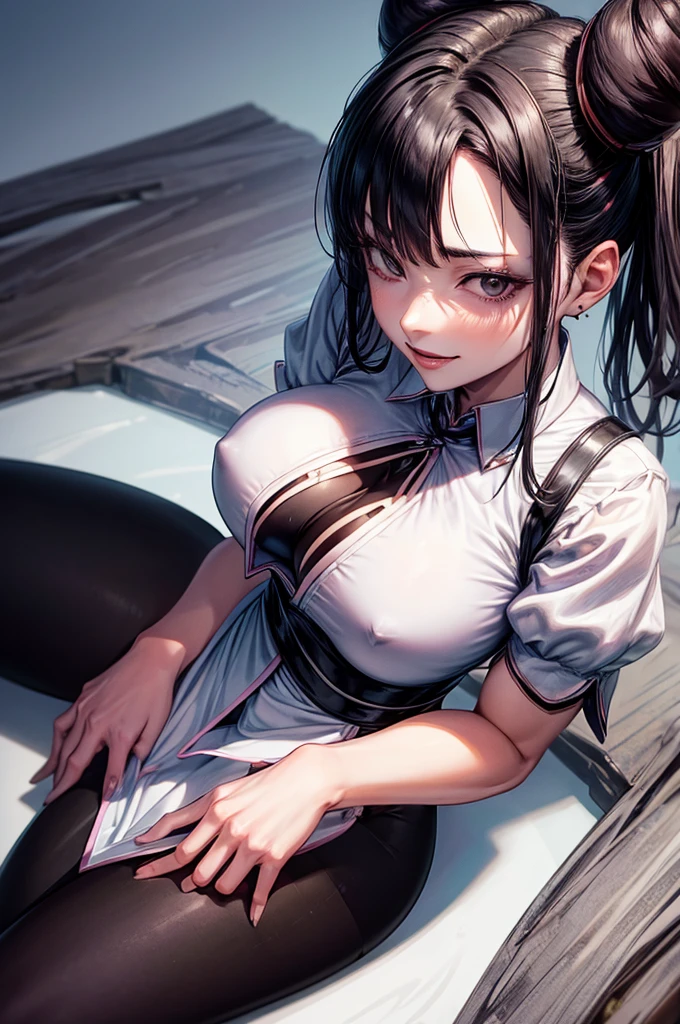 juri han, work of art, tight white secretary shirt with black tie, black high waist skirt, short skirt, black hair, black tights,evil smile,office,franja nos olhos,lighting,chifre de cabelos,view from above,olhando para cima
