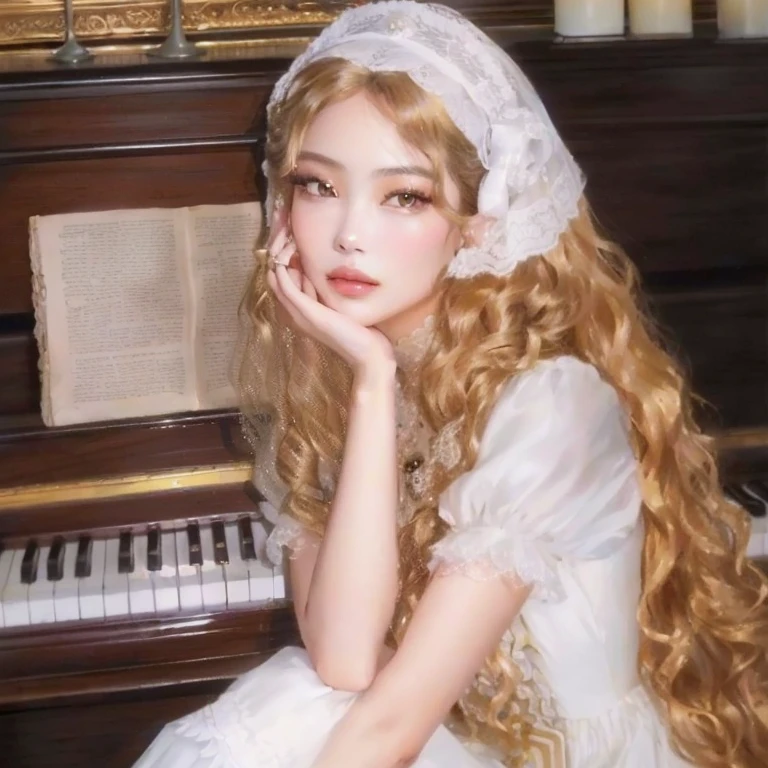 hay una mujer con cabello largo y rubio sentada en un piano, en un estilo alto renacentista, en un estilo renacentista, bella delfina, rococo queen, traje de estilo victoriano, in victorian aristocrat, con el pelo largo y blanco, peinado de corte hime blanco, con ropa victoriana, joven victoriana triste y elegante dama, con pelo largo y blanco, en estilo renacentista, Kim Jennie de blackpink 