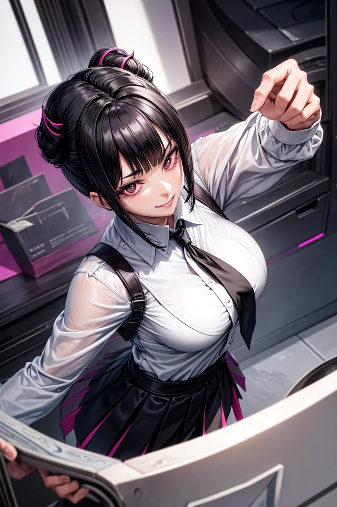 juri han, work of art, tight white secretary shirt with black tie, black high waist skirt, short skirt, black hair, black tights,evil smile,office,franja nos olhos,lighting,chifre de cabelos,view from above,olhando para cima
