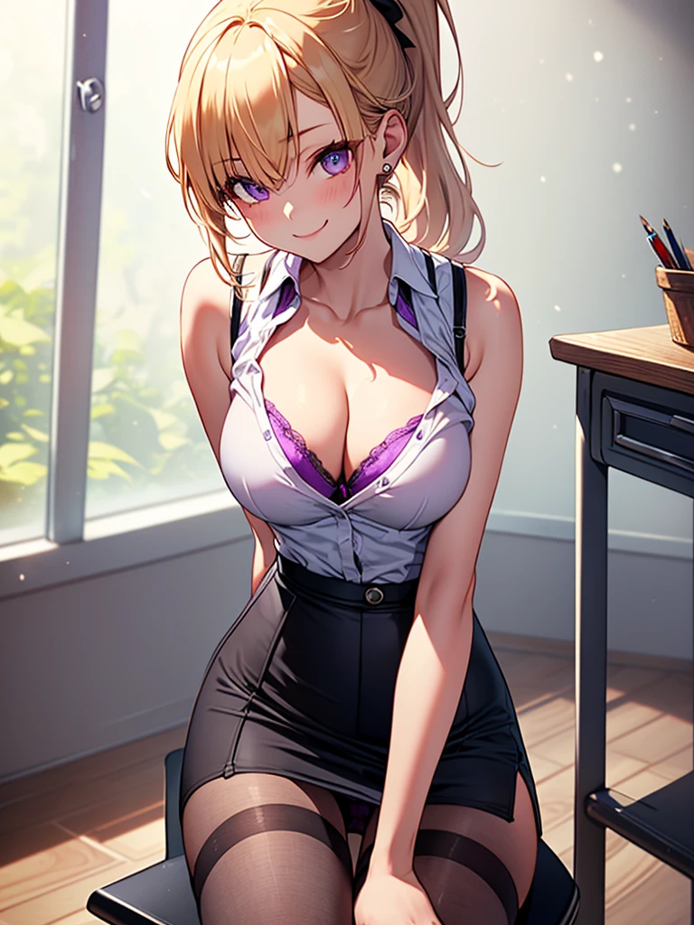 (highest quality, High resolution, perfect pixel, Depth of bounds written, 4K), upper body, (chair), (desk), (looking down), (detailed eyes), (1 lady), tall, (skinny body:1.2), (thin thighs:1.2), (Narrow hips:1.2), (teacher:1.2), (white collared shirt:1.2), (sleeveless:1.2), (cleavage), (purple bra), middle breasts, blond hair, (ponytail:1.2), (black pencil skirt1.2), (high waist), (side slit), (purple panties under pantyhose:1.2), (leaning forward), (hand between legs:1.2), (seductive smile), 