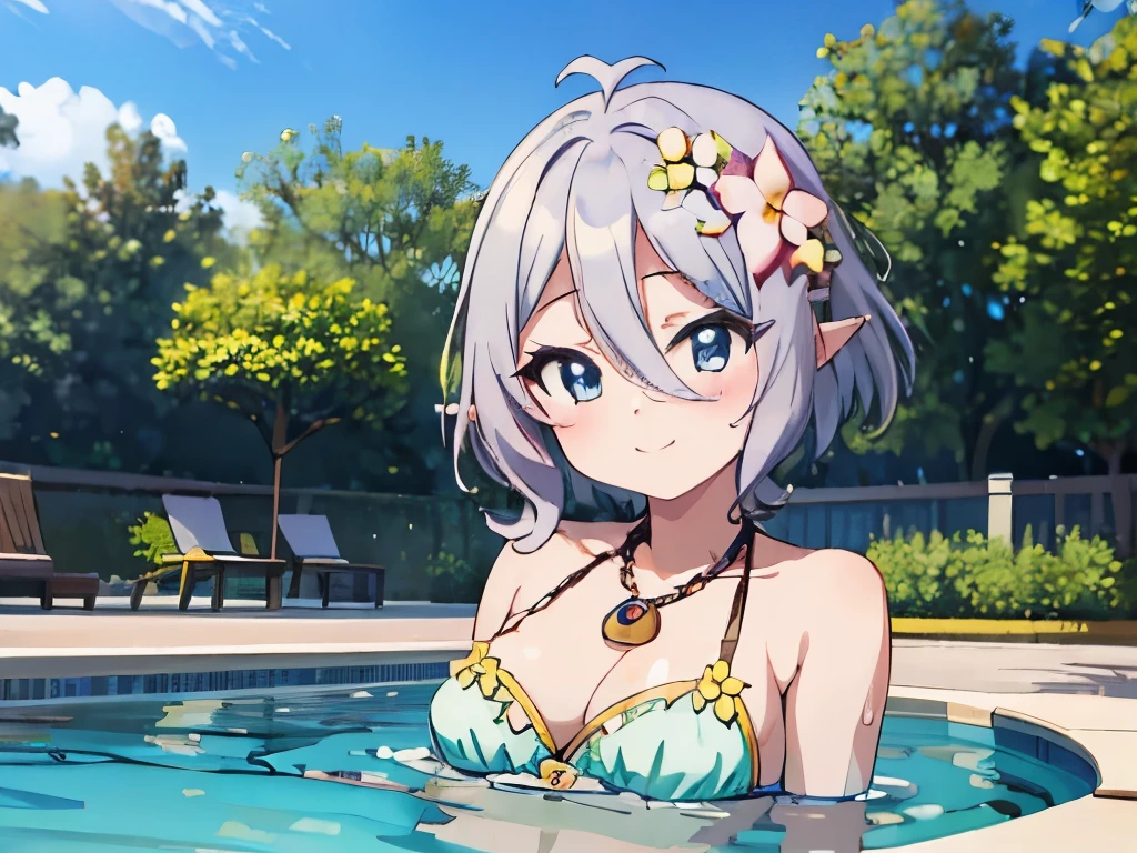 ((masterpiece)), ((best quality)), (ultra-detailed), anime style, pool, a cute girl, 1girl, solo, ((beautiful eyes)), smile, bikini00,