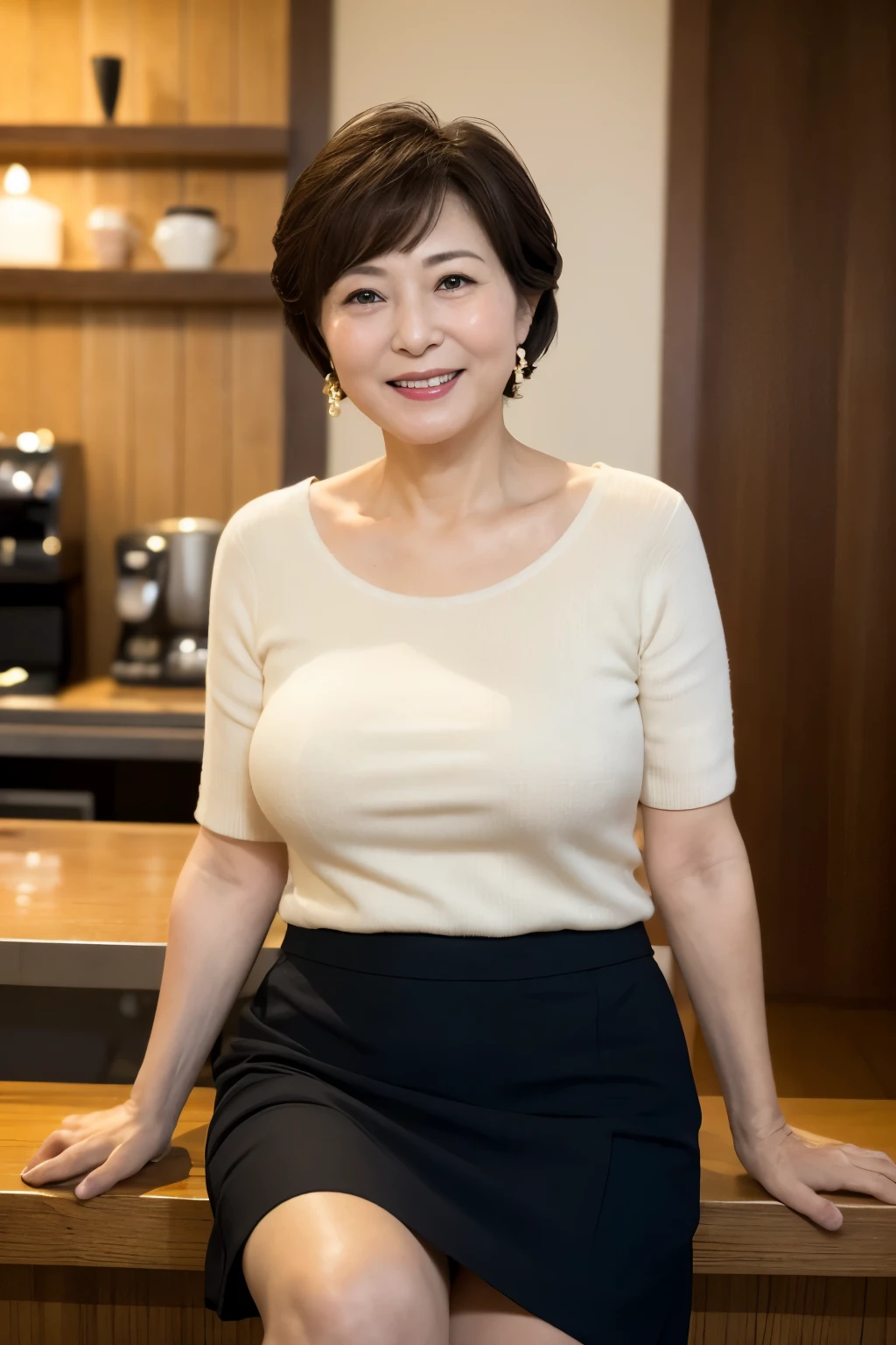 Osaka's aunt、Organic Photography、highest quality、masterpiece、Ultra-high resolution、Beautiful Japanese old lady、60 years old、Looking at the audience、Elegant face、Toothy smile、Big Breasts、Wearing a plain short-sleeved knit、Shortcut hair、mini skirt、Earrings、A corner of a coffee shop, Background Blur