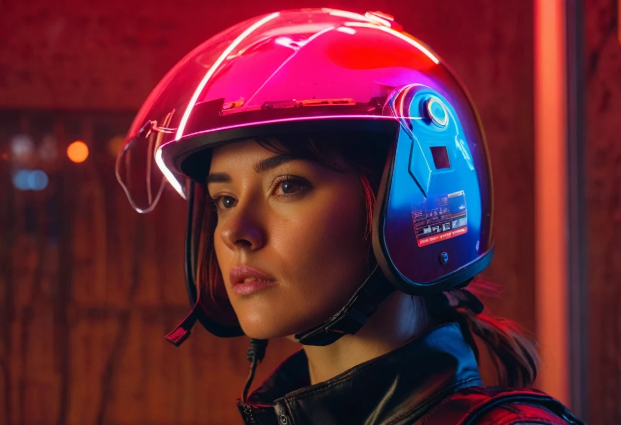 A beautiful Western European woman with brown hair wearing a translucent holographic helmet., Estilo de corrimiento al rojo 35 mm F2, time of the day, Ciudad Cyberpunk Neo Tokio, Neo Hong Kong, fantasma en la concha, cinematographic lighting, volumetric lighting, Criminales que se demoran, (alto contraste:1.2), reflexiones, 8K, Hyper realistic, enfocado, incredible detail, Motor irreal 5, cinematographic, renderizado de octanaje, trazado de rayos, paisaje, paisaje detallado de simon stalenhag