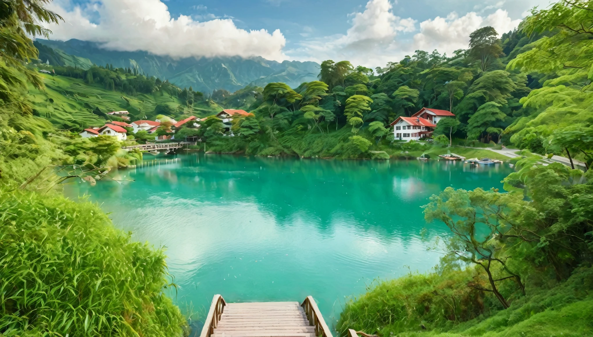 a serene landscape featuring a vibrant turquoise lake surrounded by lush greenery and rolling hills. A gentle waterfall cascades into the lake on the left side of the image. A wooden pedestrian bridge crosses the lake, bustling with people enjoying the scenery. The shoreline is dotted with quaint white buildings with striking red roofs, blending harmoniously with the natural surroundings. In the foreground, frame the scene with overhanging branches and foliage, adding depth and a sense of immersion. The sky is clear with a few scattered clouds, contributing to the tranquil atmosphere.
