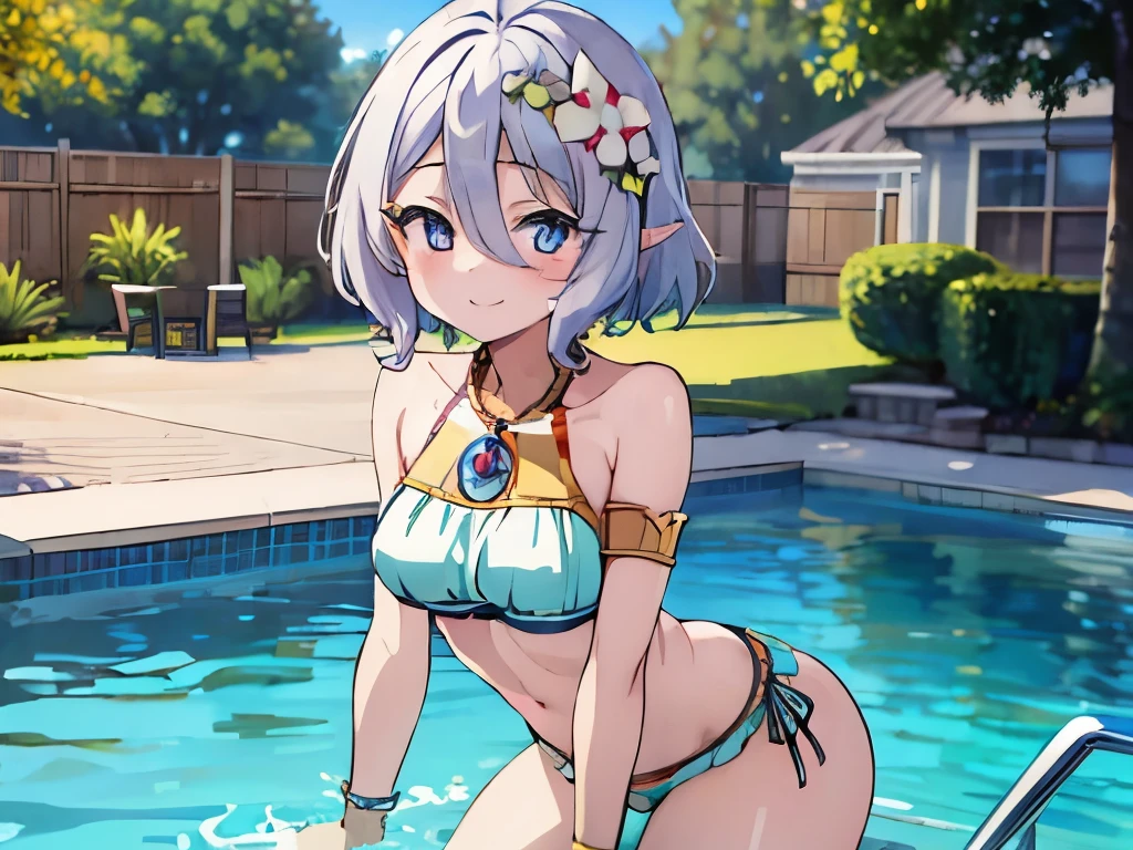((masterpiece)), ((best quality)), (ultra-detailed), anime style, pool, a cute girl, 1girl, solo, ((beautiful eyes)), smile, bikini00,