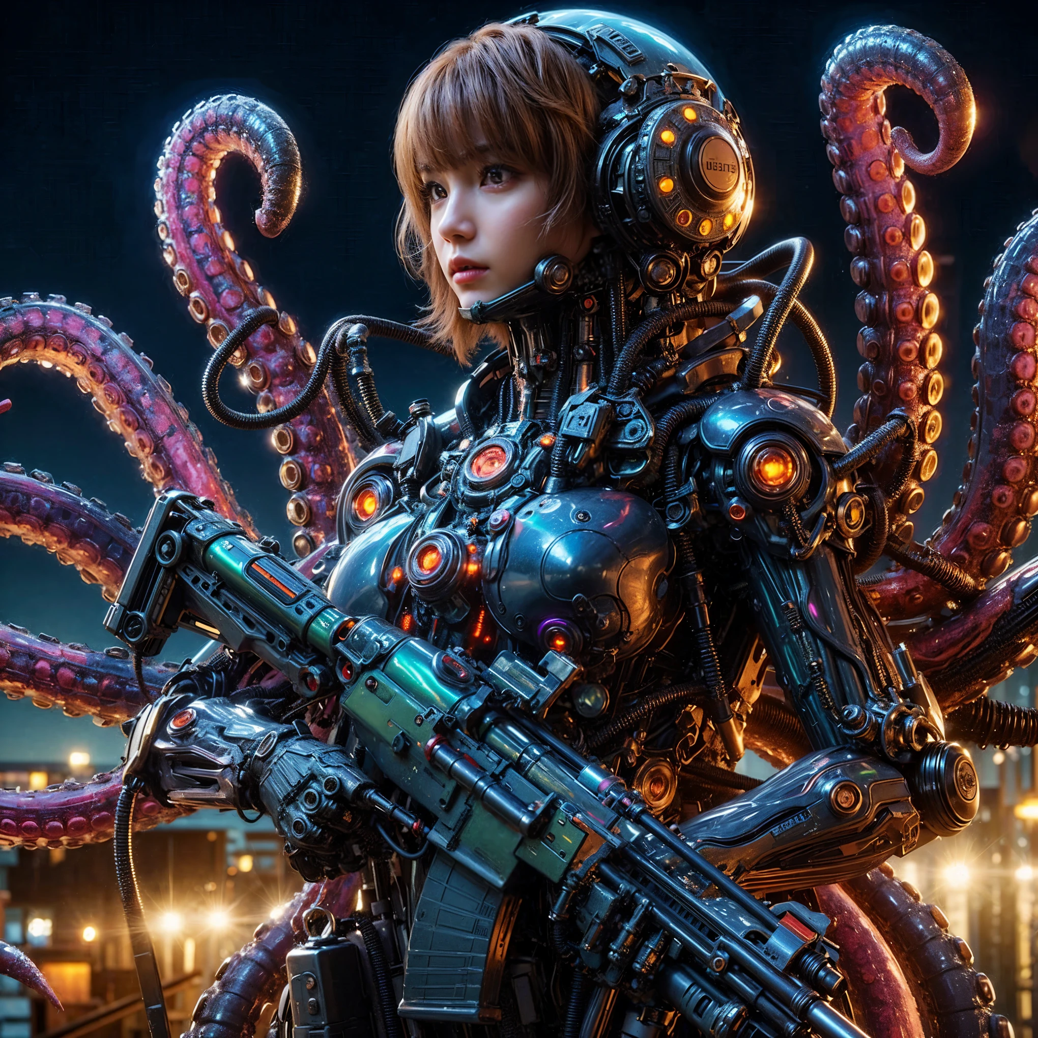 masterpiece、highest quality、(Extremely intricate details)、(Extremely realistic texture)、glossy Texture、A Octopus-like bio-insect suit designed by Hajime Katoki、1 person、Ultra-realistic photos of beautiful female soldiers、Night view of the bayside industrial area、battle、Please generate at least 4 copies.