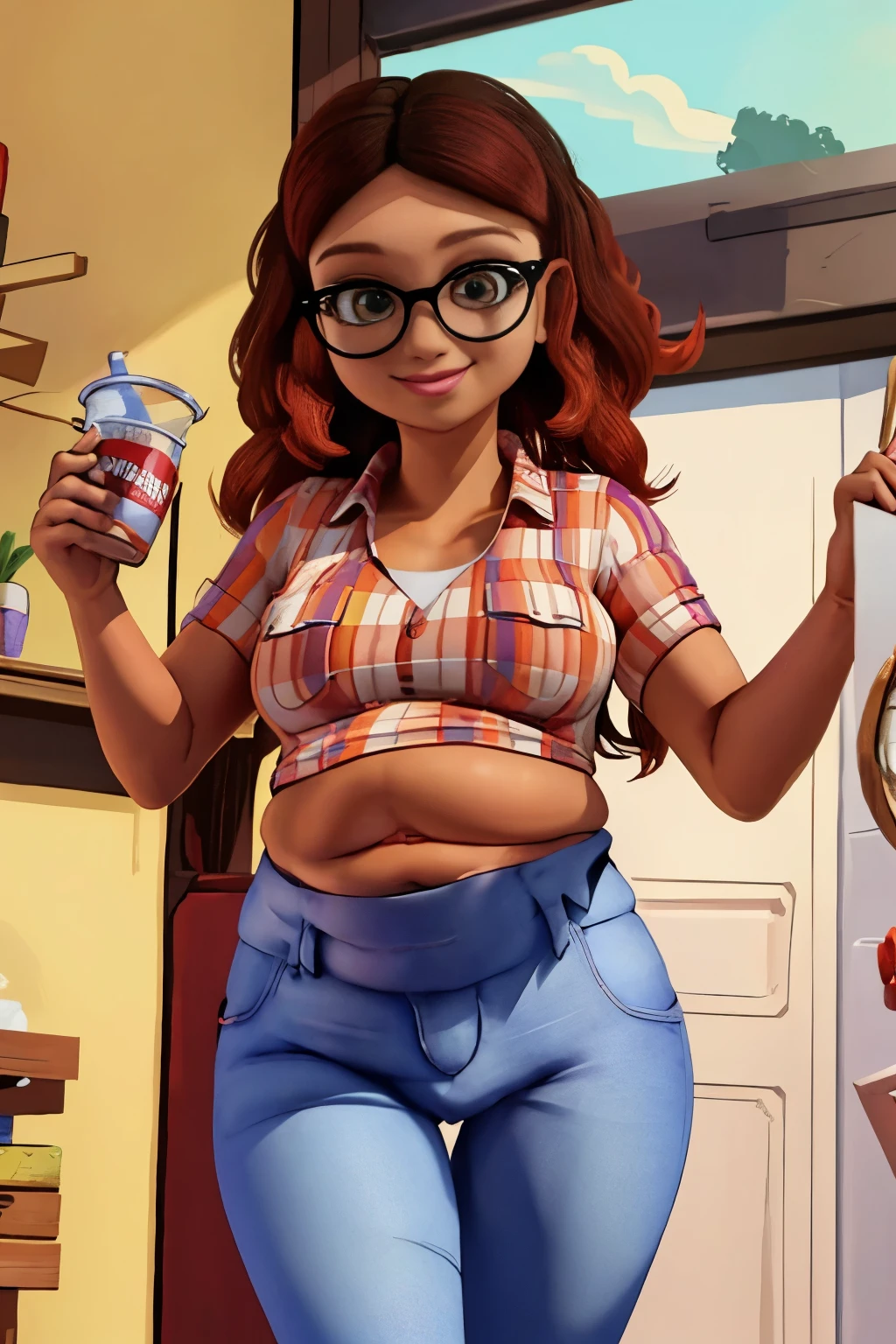 (8K, raw photo, Best quality, Masterpiece:1.2), (Intricate details), perfect eyes, Perfect face, perfect lighting, Beautiful, (Masterpiece:1.2), (Best quality:1.2), 1 girl, only, Alex, glasses, Brown eyes, happy face, Place of beauty, adult torso, plump and moving belly, Inside the stomach, you have her friends moving in her stomach belly, , Medium breasts, (jeans, red t-shirt), holding a milkshake, cowboy shot, 3dmm