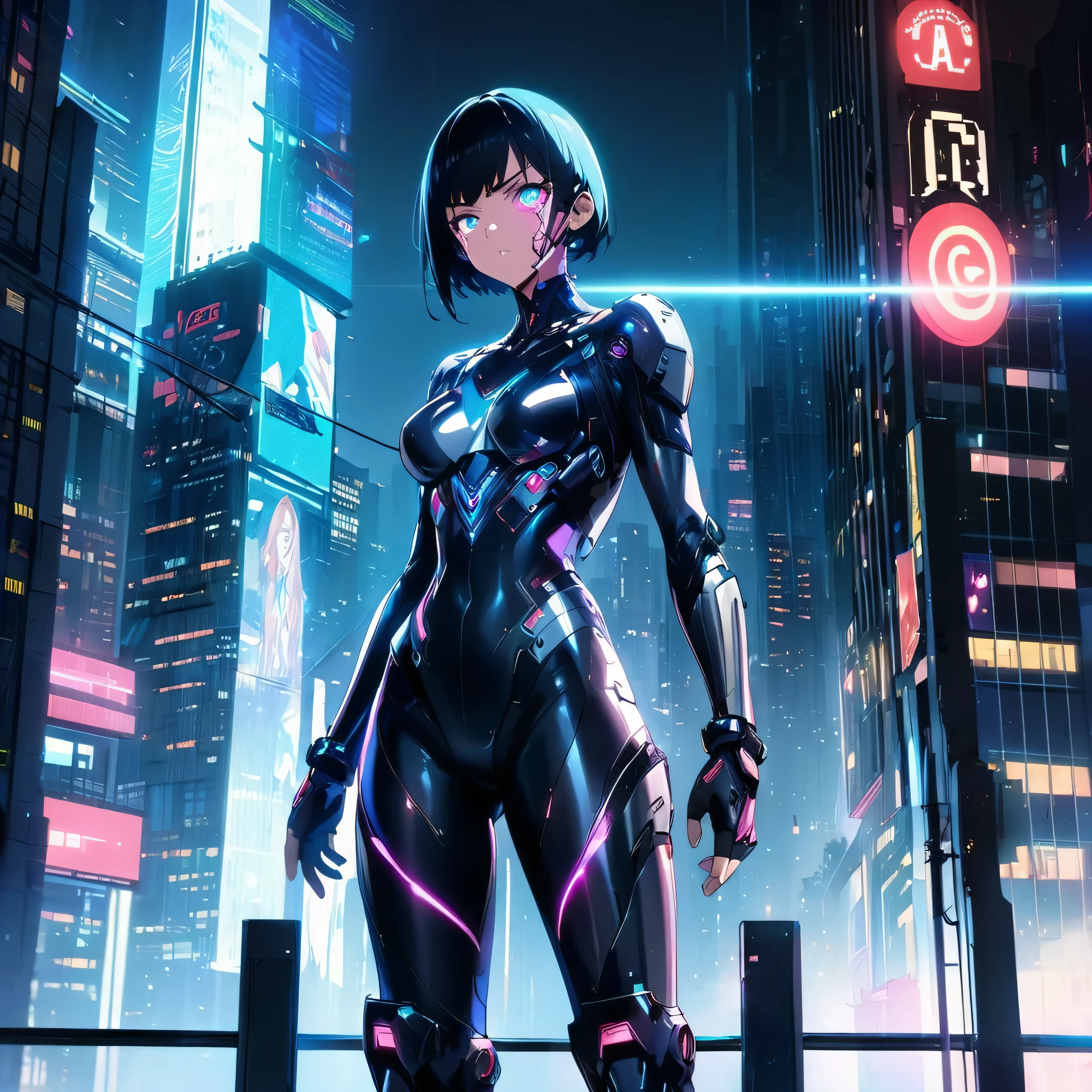 A young girl with short, sleek hair, a cybernetic eye and mechanical enhancements on one side of her face, metal and synthetic skin seamlessly integrated with her natural skin, a determined and intense expression, wearing a futuristic armored bodysuit with integrated circuitry, metallic shoulder and knee guards, fingerless gloves with visible wiring, high-tech boots, standing in a confident and powerful pose, one arm extended showing advanced robotic limbs, in a high-tech, futuristic city at night, neon lights and holographic advertisements illuminating the scene, with towering skyscrapers and flying vehicles in the background, standing on a platform or balcony overlooking the bustling city below, detailed gorgeous face| anime style| key visual| intricate detail| highly detailed| breathtaking| vibrant| panoramic| cinematic| Carne Griffiths| Conrad Roset| gibbli 8k