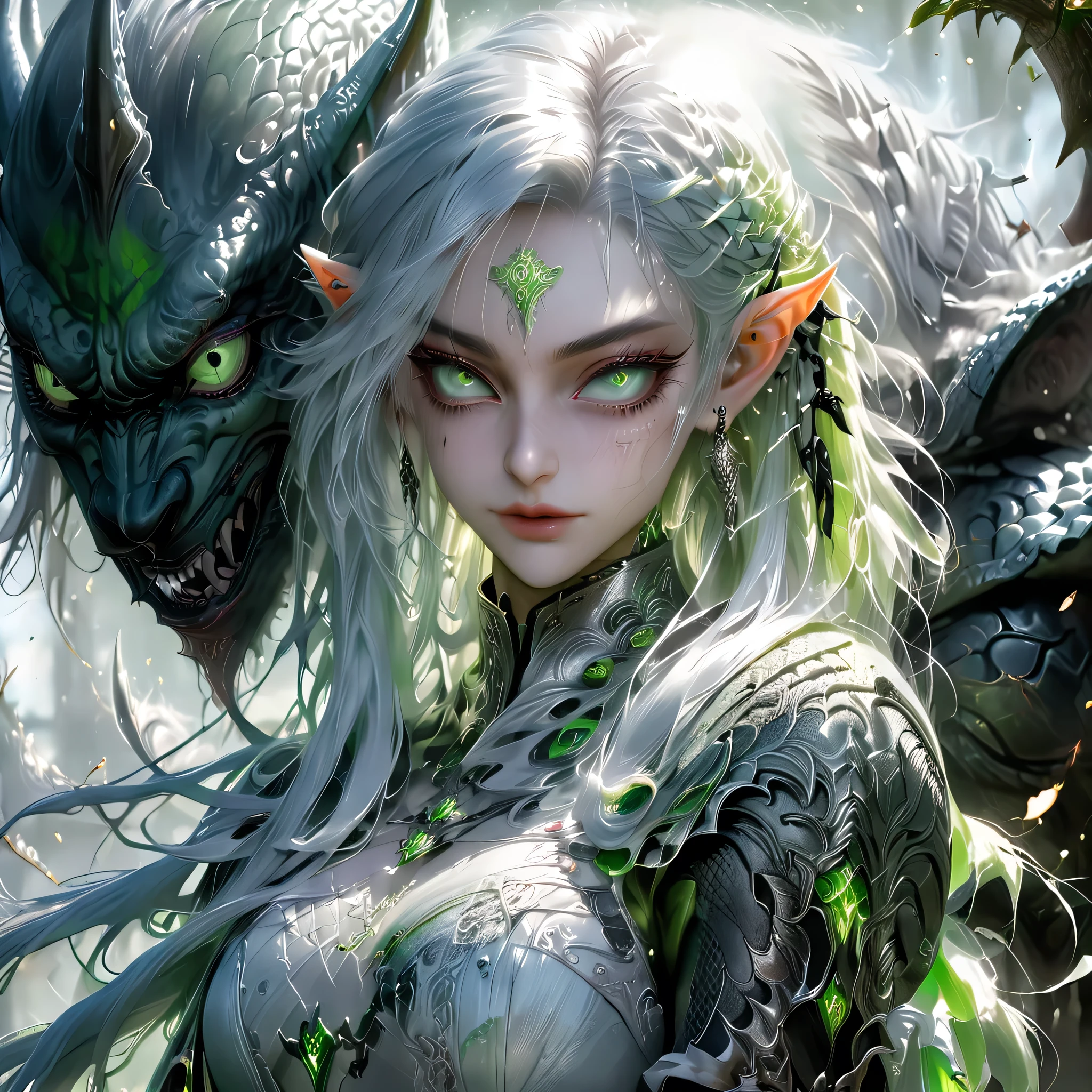 a tall muscular elf girl with silver hair, a tall muscular elf girl with light green hair, medieval RPG style armor with lace and silk, divine beauty, glowing eyes, delicate beauty, war and monster scene, horror