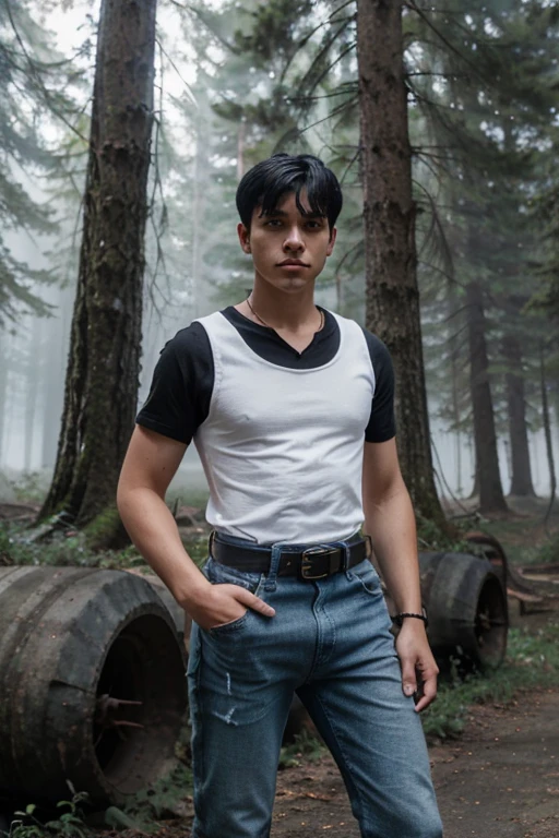 18 year old boy with black hair, military cut, white short sleeve t-shirt, light blue denim vest, dark blue jeans, black leather belt, black military boots, forest background with fog