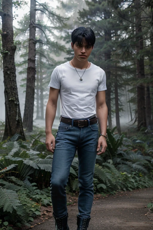 18 year old boy with black hair, military cut, white short sleeve t-shirt, light blue denim vest, dark blue jeans, black leather belt, black military boots, forest background with fog