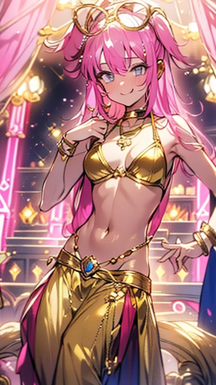 A smug narcissistic white skinned pink haired goddess wearing a golden bra and golden pants and lots of jewelry flaunting herself
