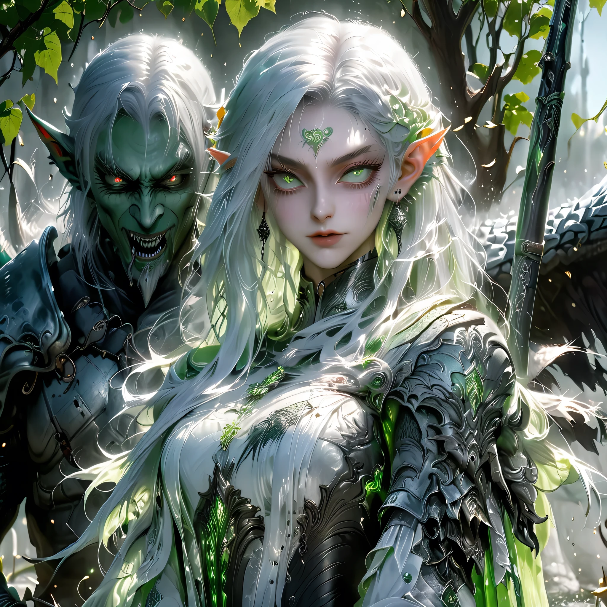 a tall muscular elf girl with silver hair, a tall muscular elf girl with light green hair, medieval RPG style armor with lace and silk, divine beauty, glowing eyes, delicate beauty, war and monster scene, horror