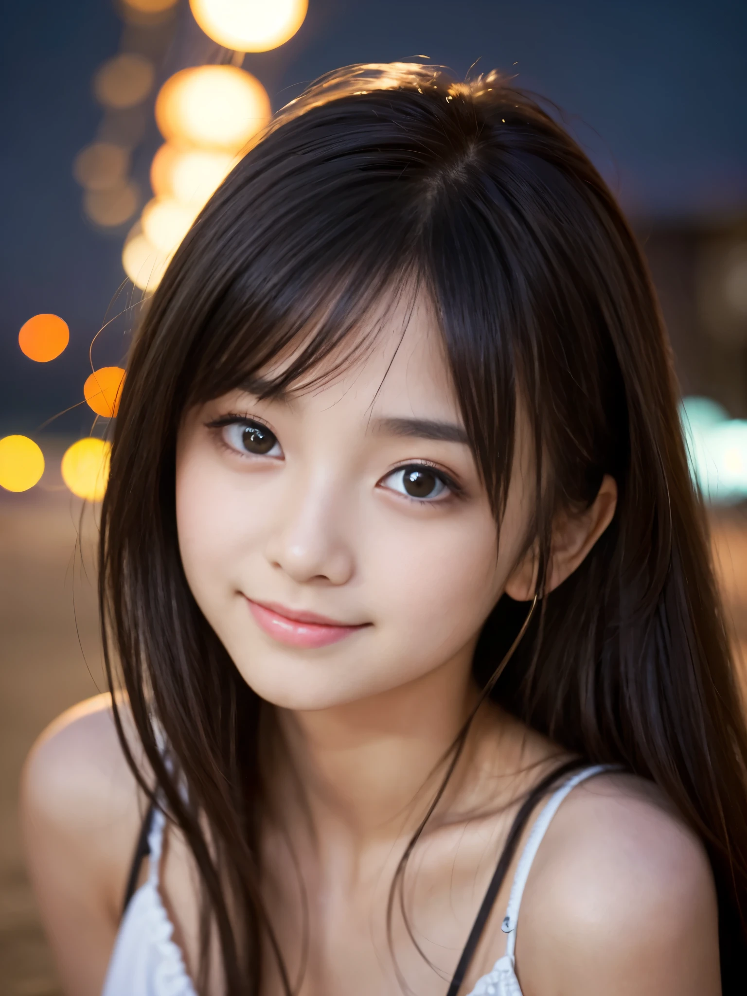 (Best-quality, Masterpiece, Ultra-High-Resolution, (Photorealistic:1.4), Raw Photo, depth of field, professional lighting, perfect anatomy, extremely details), ((at midnight, in summer, detailed midnight, detailed summer)), at beach, 1girl, 15-years-old, the most famous Japanese idol, portrait, extremely cute face like the most famous Japanese idol, extremely cute and extremely big eyes, extremely beautiful hair, extremely beautiful skins, extremely cute long-eyelashes, extremely cute lips, innocent smile