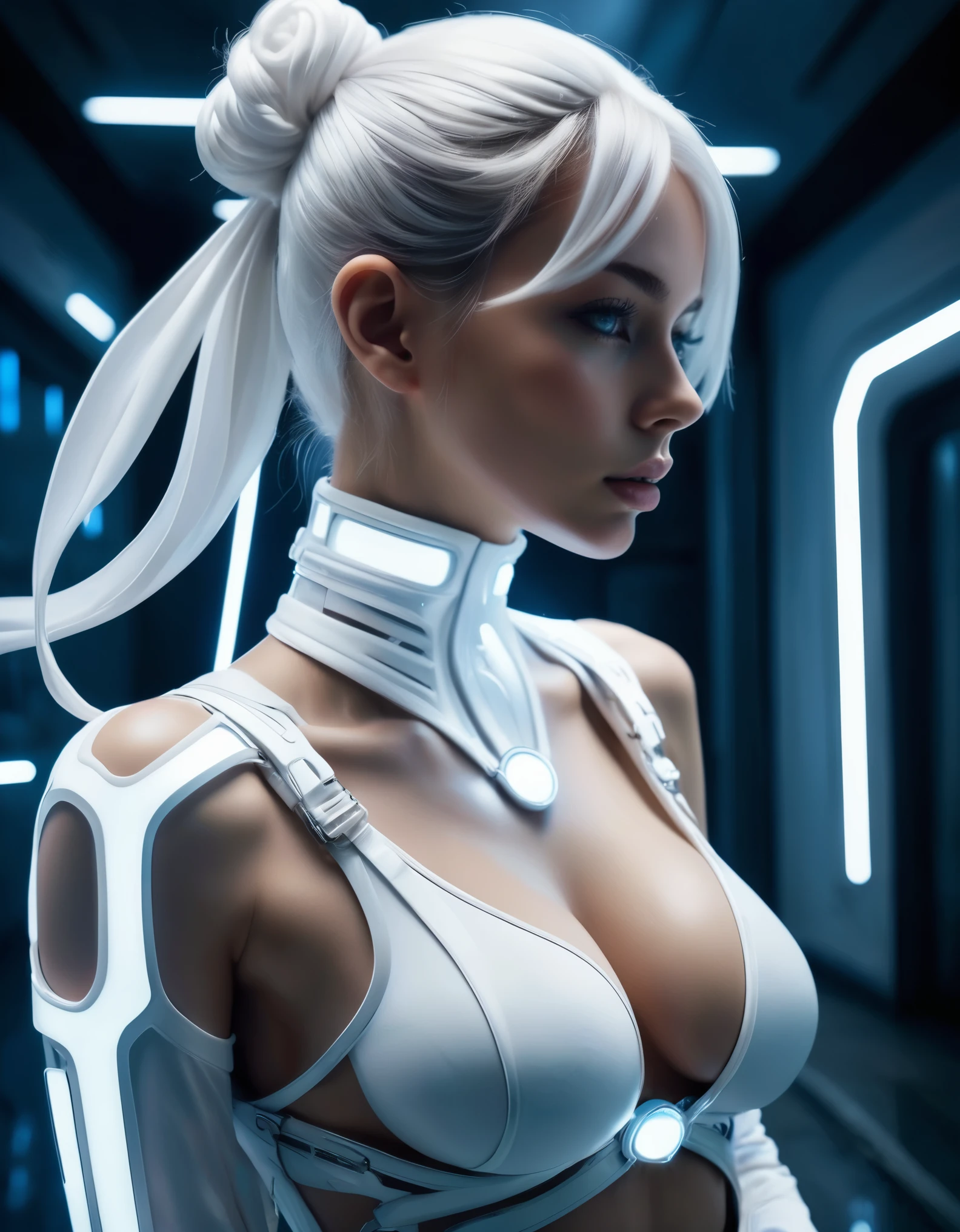 (nsfw:1.3), masterpiece, Best Quality, Realistic, Futuristic fashion art, 
BREAK 
beautiful young woman with blue eyes, ig model, high detail, render of april, (wide angle, sitting, all body shot, full body in frame:1.3), 

BREAK 
 (very slim waist:1.2), large breasts, cleavage, large buttocks, sexy muscle legs, exuding a sculptural beauty, White and beautiful Silky skin, 
hyper small head, Detailed face and eyes, cute and Pretty slim face, Duck mouth, perfect beautiful Tooth, arranged gray hair, looking viewer, 

BREAK (Cyber harness gear:1.2), (all white fashion art:1.2),
See-through gear with multiple elastic neon harnesses for clothing, multi-layered neon harness wrapped around the entire body, Designed led harness, serene expression, futuristic accessories, White neon trim and hem, reflective See-through surface, minimalistic beauty, wearing technical Sneakers, advanced technology, harmonious stance, striking simplicity, 

BREAK 
 (In a dimly lit room, the White neon glows brilliantly, The interior of a futuristic colony, with mist drifting and steam rising from concrete),