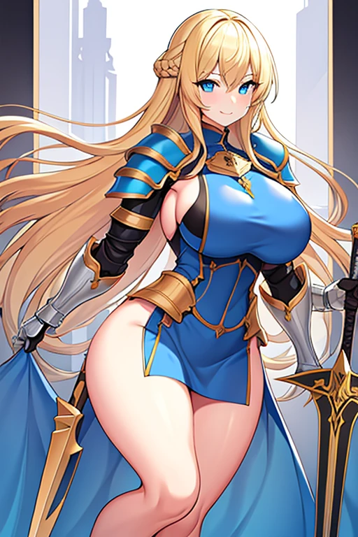 1girl, blonde hair, shoulder armor, large breasts, thick thighs, sword, bare legs, blue eyes, long hair, blonde hair, armor, hourglass figure, bare legs, smile, gloves