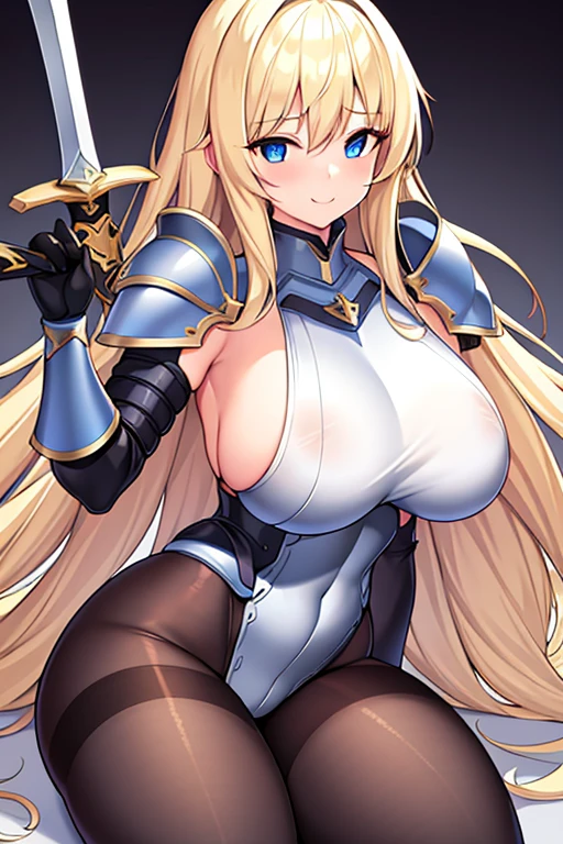 1girl, blonde hair, shoulder armor, large breasts, thick thighs, sword, pantyhose, blue eyes, long hair, blonde hair, armor, hourglass figure, bare legs, smile, gloves