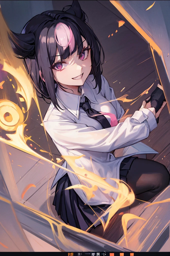 juri han, work of art, tight white secretary shirt with black tie, black high waist skirt, short skirt, black hair, black tights,evil smile,office,franja nos olhos,lighting,chifre de cabelos,view from above,olhando para cima
