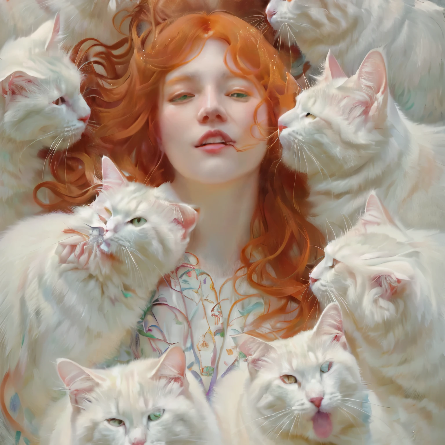 there is a red-haired woman and white cats in a circle, james jean y wlop, valentina remenar, robar reyes, inspired por Cynthia Sheppard, chica gato blanco, James Jean Andrei Riabovitchev, con gatos a su lado, adrian borda, por Cynthia Sheppard, mary jane ansell, por Alexander Kucharsky, Ross Tran 8K