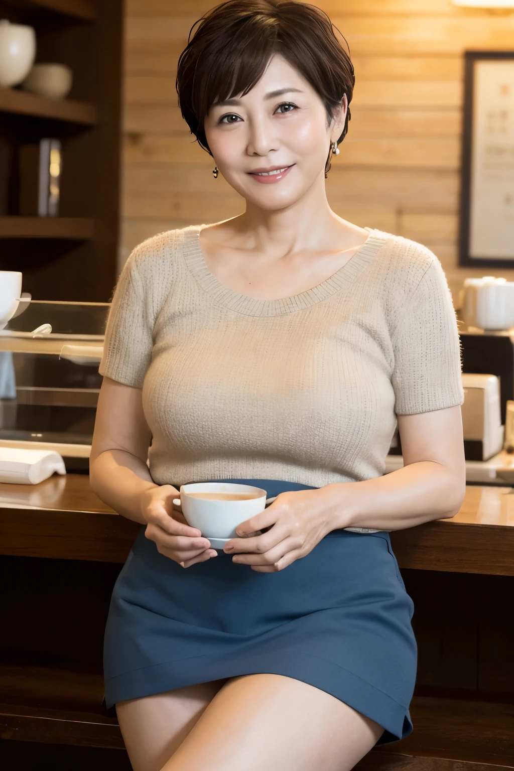 Osaka's aunt、Organic Photography、highest quality、masterpiece、Ultra-high resolution、Beautiful Japanese old lady、60 years old、Looking at the audience、Elegant face、Toothy smile、Big Breasts、Wearing a plain short-sleeved knit、Shortcut hair、mini skirt、Earrings、A corner of a coffee shop, Background Blur