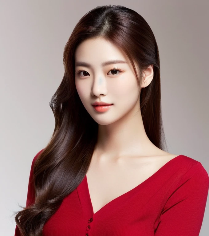 Close-up of a woman in a red shirt posing for a photo., beautiful south ponytail,) Long, flowing hair, korean woman, gorgeous young korean woman, ponytail, beautiful young korean woman, Korean girl, korean woman, Jae Yeon Nam, beautiful asian girl, young asian woman, Beautiful Asian woman, Cute young Korean face, Gorgeous Chinese model, Chinese girl, Heonhwa Cho