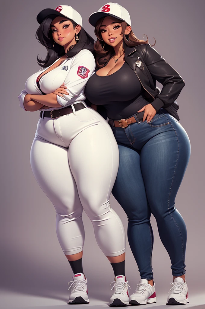 three extremely thicc and large latino women hugging, huge bust, 250 pounds of sensuality, pants, massive breasts, slim-thicc, smiling, sbbw, plus size woman, belt, thicc, hand on shoulder, wearing a baseball cap, shirt, white jacket, voluptuous body, leaning backwards