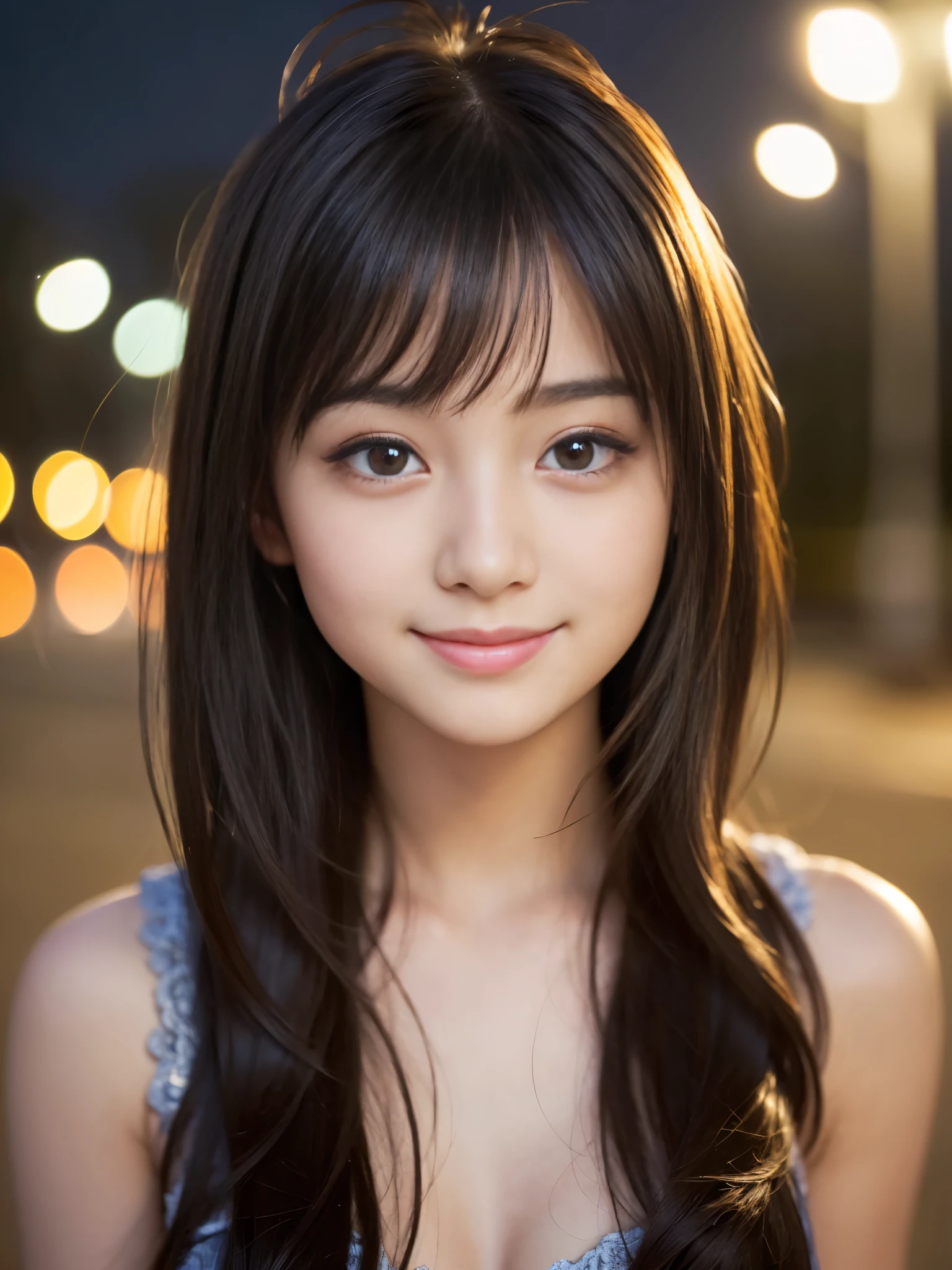 (Best-quality, Masterpiece, Ultra-High-Resolution, (Photorealistic:1.4), Raw Photo, depth of field, professional lighting, perfect anatomy, extremely details), ((((at midnight, detailed midnight)))), at beach, 1girl, 15-years-old, the most famous Japanese idol, portrait, (extremely cute face like the most famous Japanese idol, (extremely cute and extremely big eyes), extremely beautiful hair, extremely beautiful skins), extremely cute long-eyelashes, extremely cute lips, innocent smile