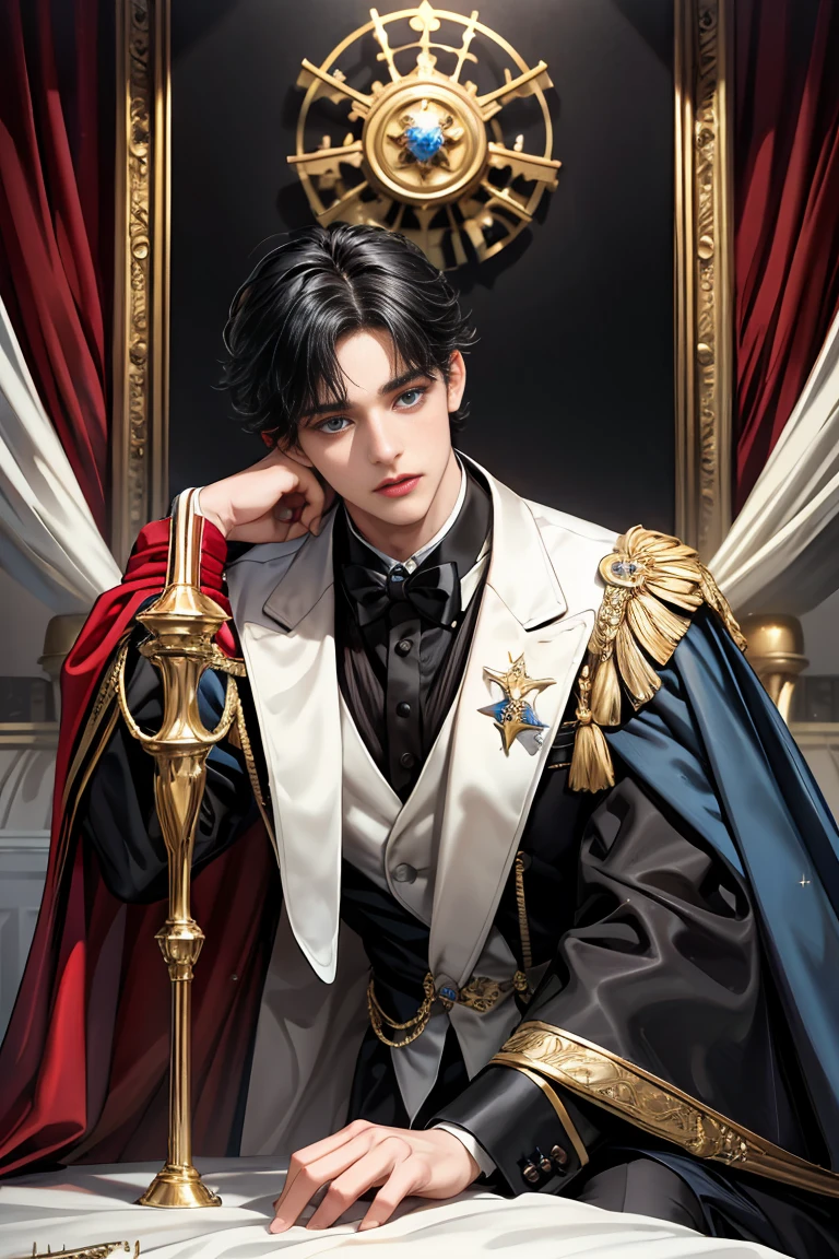 masterpiece, 最high quality, high quality, 1 boy, alone, Male focus, Watching the audience, Messy black hair, Adorable big blue eyes, White, Noble, Noble,Sexy voluminous cape、Tuxedo、A very voluminous, large, very large, very large, long, long red and black cape with a high stand-up collar, reaching down to the floor, made of a lot of fabric., 17 years old,Cute beautiful boys,Cute, cute, kind, handsome guy